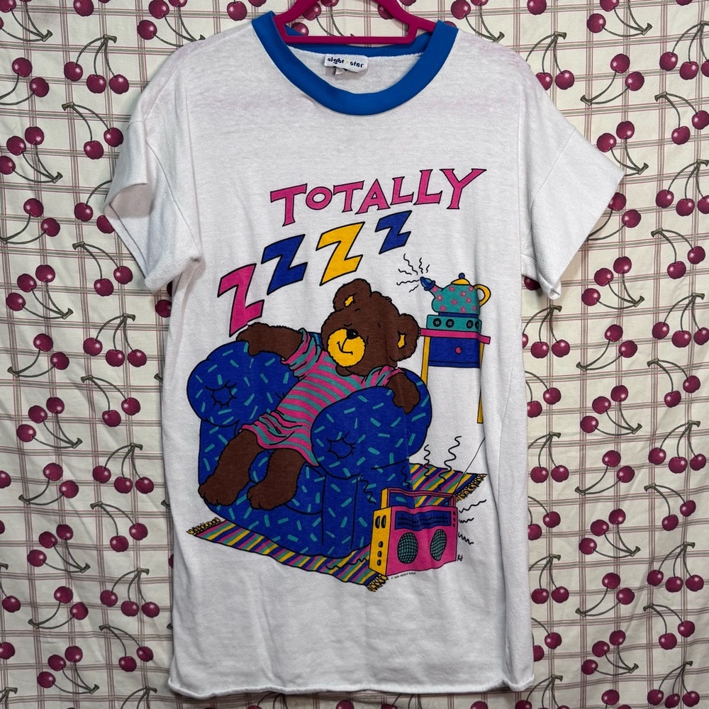 Vintage Night Star White Multicolor “Totally” Sleeping Bear Pajama Shirt